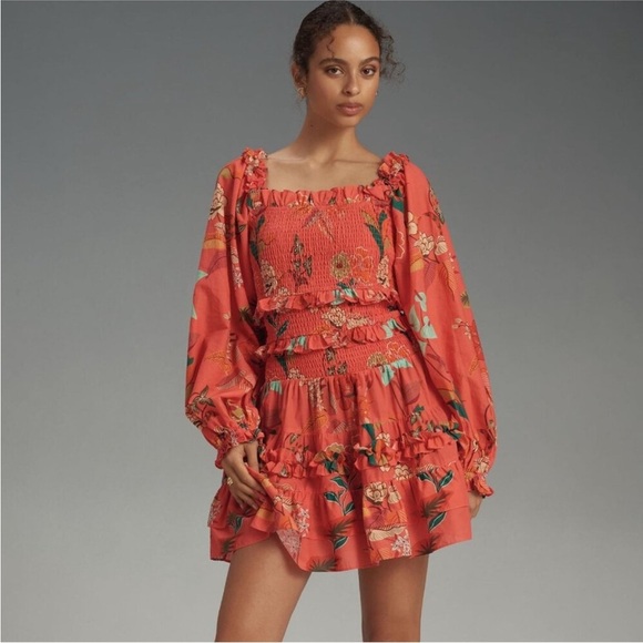 Farm Rio Anthropologie Smocked Ruffle Mini Dress Large Coral Long Sleeve Orange - Picture 2 of 12